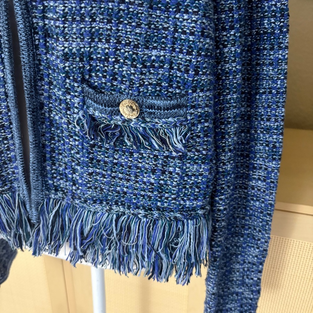 LILLY PULITZER Blue Tweed Fringe Jacket Size Medium - Picture 2 of 10